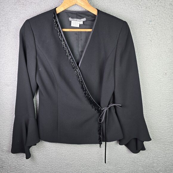 Maggy London Jacket Womens 4 Black Embellished Tie Front Wrap Flared Sleeves - Picture 1 of 10